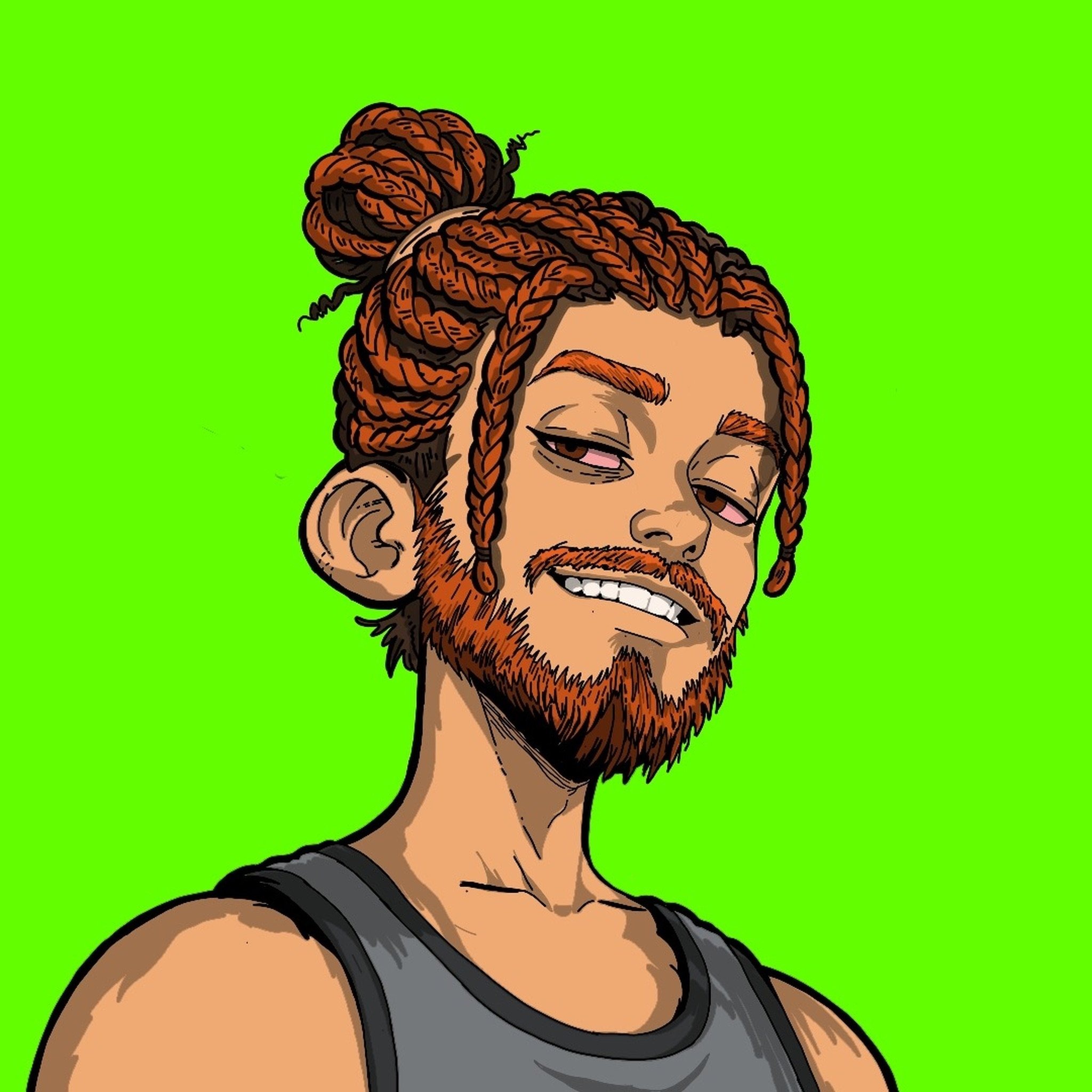 Smiling Reefer with ginger locs and a beard on a lime background