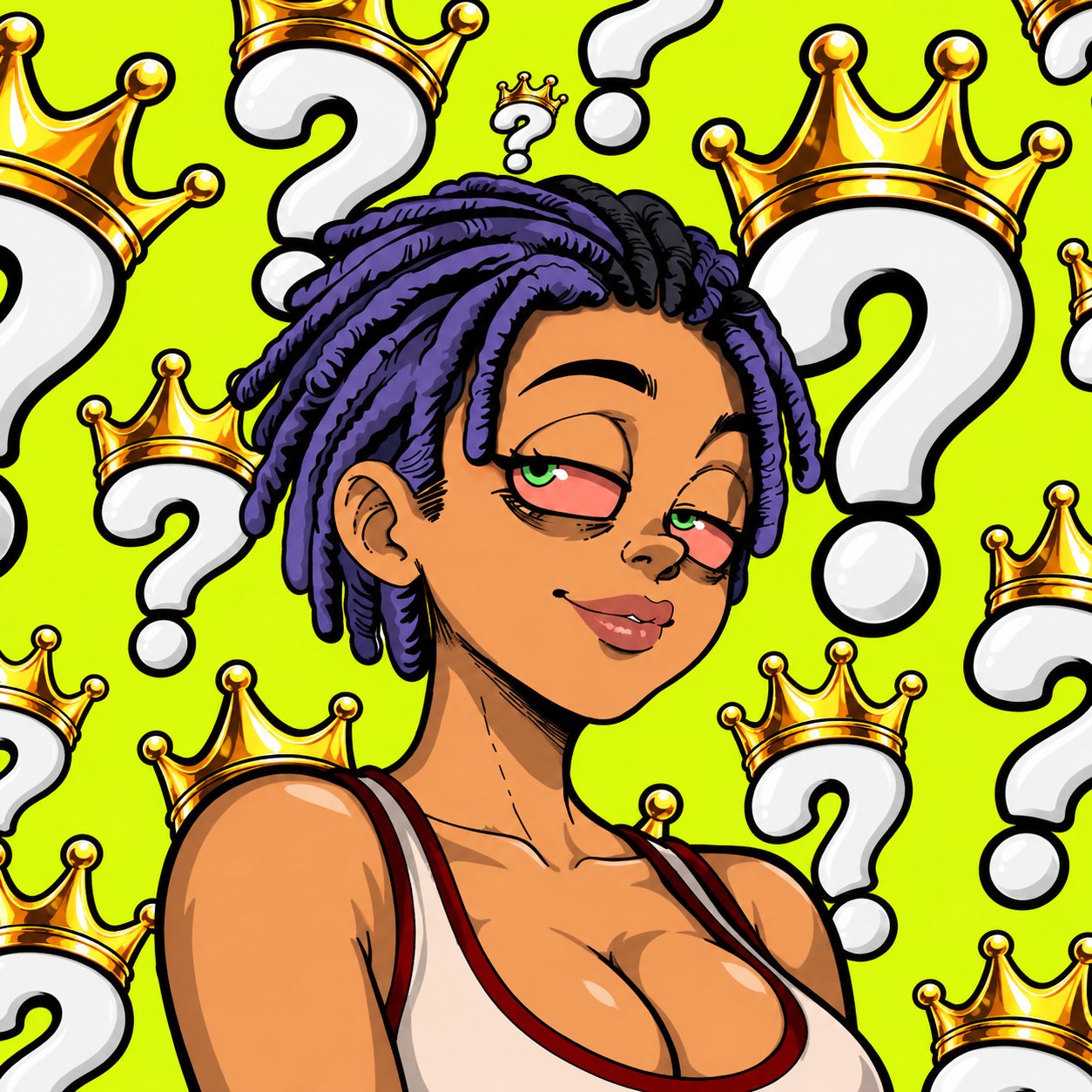 Reefers character with purple locs on a lime background with crowned question marks