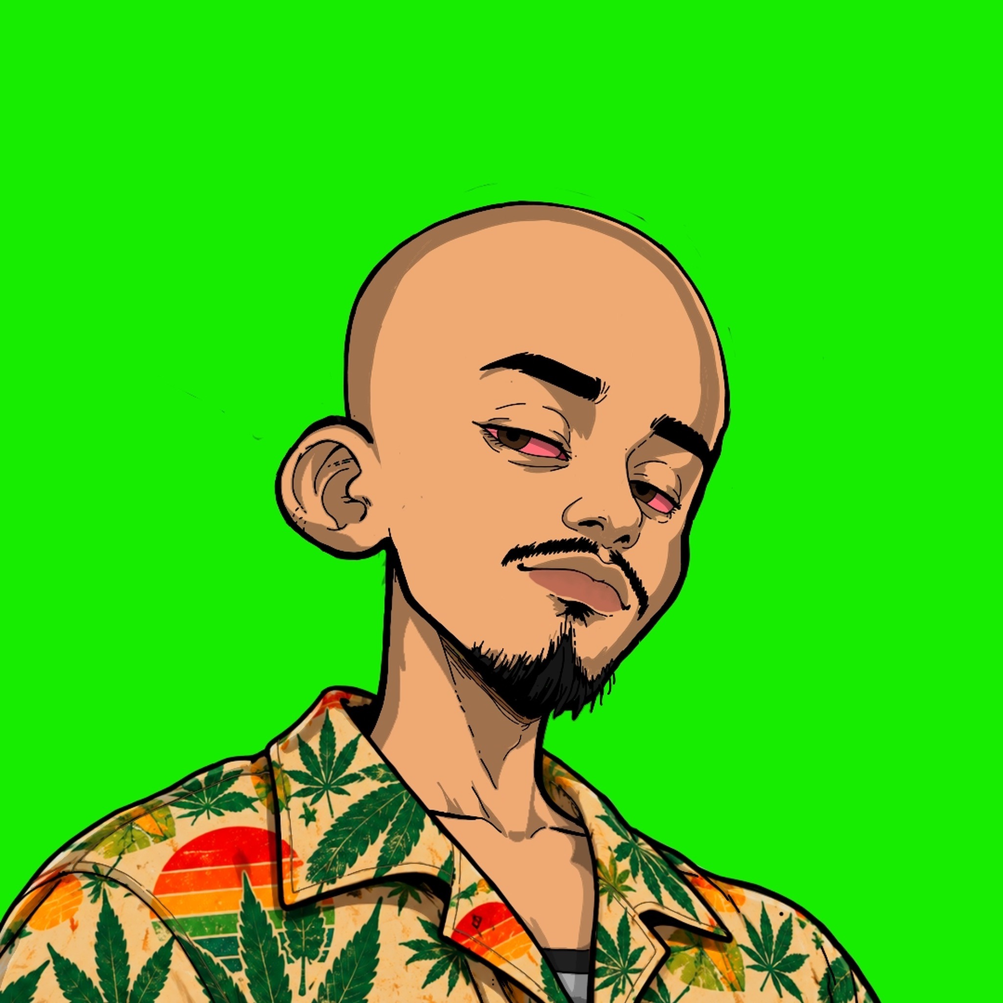 Reefer wearing a tropical leaf-patterned shirt on a green background