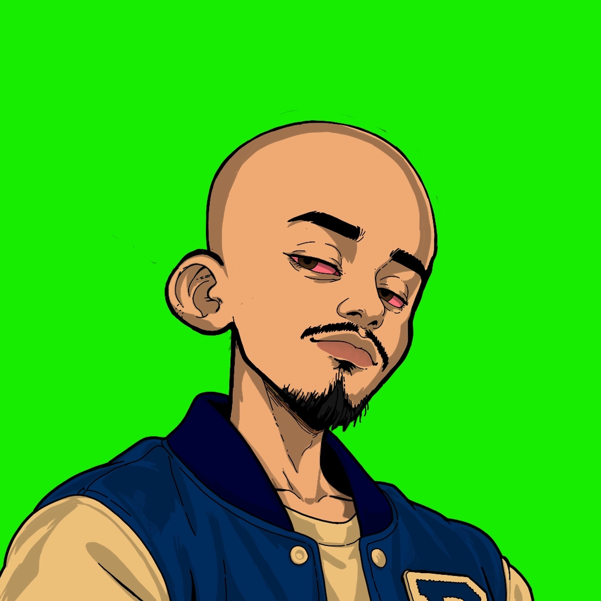 Reefer wearing a blue varsity jacket on a green background